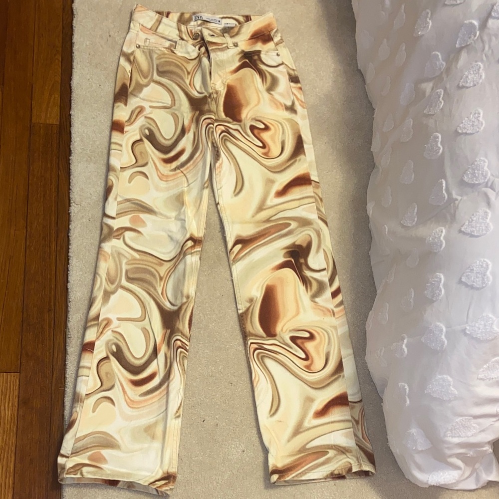 Zara Women's Straight Leg Jeans - Tan and Cream Marble